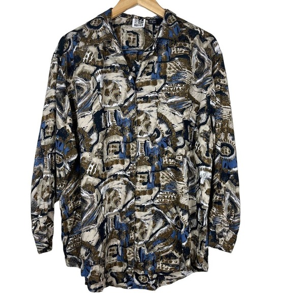 Vintage 80’s Paul at Duffier Button Down Shirt Abstract Print Brown Blue Medium - Picture 3 of 12